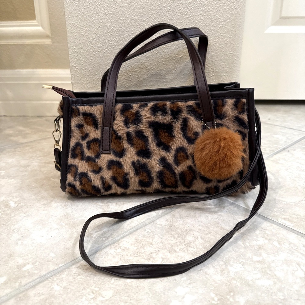 Brown Leopard Faux Fur Crossbody & Top Handle Purse Bag Faux‎ Leather Trim Retro